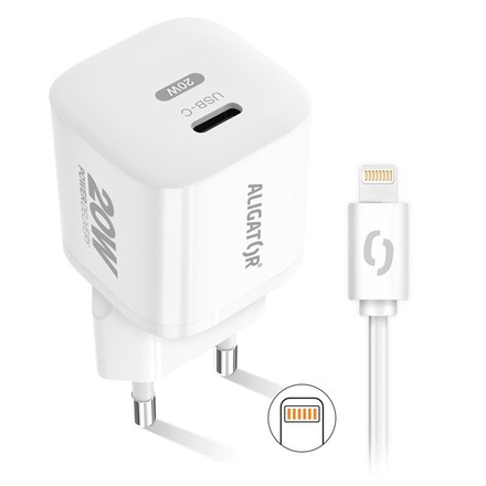 Nabíječka do sítě Aligator Power Delivery 20W, USB-C + kabel pro Apple - bílá