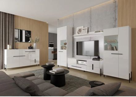 Vitrína Halmar JUSTINE wysoka (V02) bílá/ bílá połisk ( MDF ) (1)