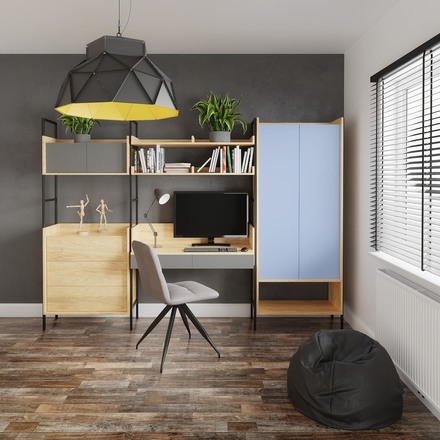 Šatní skříň Halmar MOBIUS regál 2D korpus: přírodní hickory, přední barva - modrý horizont (2p=1szt) (2 Karton) (1)