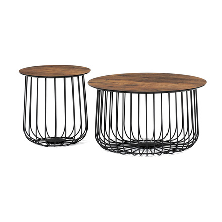 Konferenční stolky Autronic Set 2 ks stolků,pr.60x34, pr.37x39 cm, deska MDF, 3D dekor staré dřevo, kovová drátěná podnož, černý mat (AF-3007 OLW)