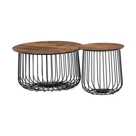 Konferenční stolky Autronic Set 2 ks stolků,pr.60x34, pr.37x39 cm, deska MDF, 3D dekor staré dřevo, kovová drátěná podnož, černý mat (AF-3007 OLW) (2)