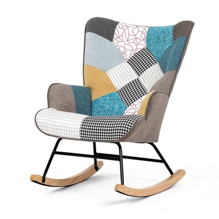 Houpací křeslo Autronic potah patchwork látka, dřevěné nohy, masiv kaučukovník (AK-374 PW2)