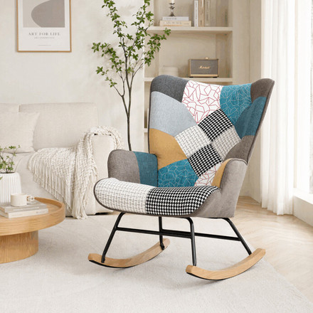 Houpací křeslo Autronic potah patchwork látka, dřevěné nohy, masiv kaučukovník (AK-374 PW2) (1)
