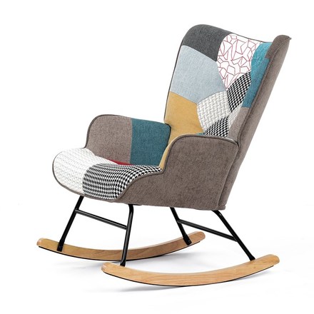 Houpací křeslo Autronic potah patchwork látka, dřevěné nohy, masiv kaučukovník (AK-374 PW2) (3)