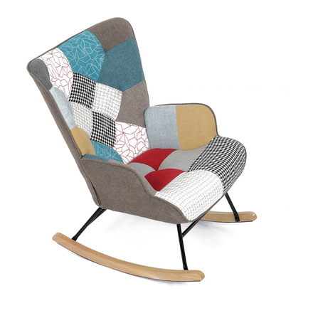 Houpací křeslo Autronic potah patchwork látka, dřevěné nohy, masiv kaučukovník (AK-374 PW2) (23)