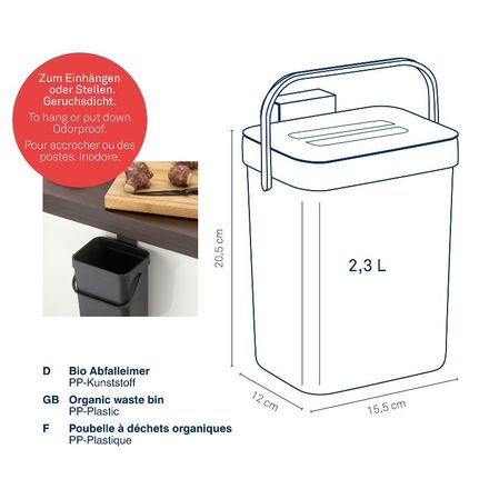 Odpadkový koš Kela KL-12138 na bio odpad Paulo plastový tmavě šedý 15,5x12,0x20,5cm 2,3l (2)