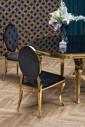 Moderní jídelní stůl Halmar REGINALD_2 stůl kulatý deska - sklo černá, nohy - zlatá (2 Karton) (5)