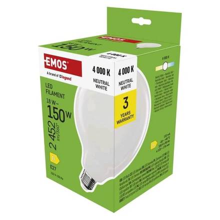 LED žárovka Emos ZF2D83 Filament G125 / E27 / 18 W (150 W) / 2452 lm / neutrální bílá (1)