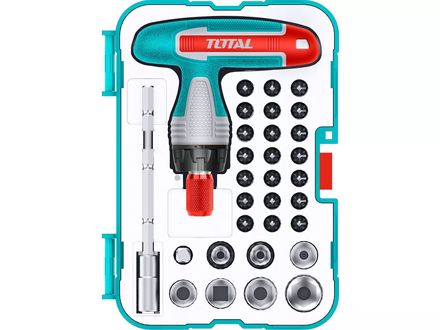 Šroubovák Total TACSD30316 ráčnový s T-rukojetí a hroty, sada 31ks, CrV (1)