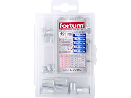 Matice nýtovací Fortum 4770682 matice nýtovací ocelové, sada mix 40ks, M3-M4-M5-M6-M8 (3)