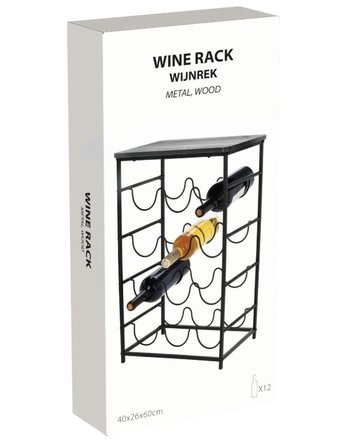 Stojan na víno Excellent KO-HZ1240380cern Kovový stojan na víno a akátový odkládací stolek 12 lahví černá (2)