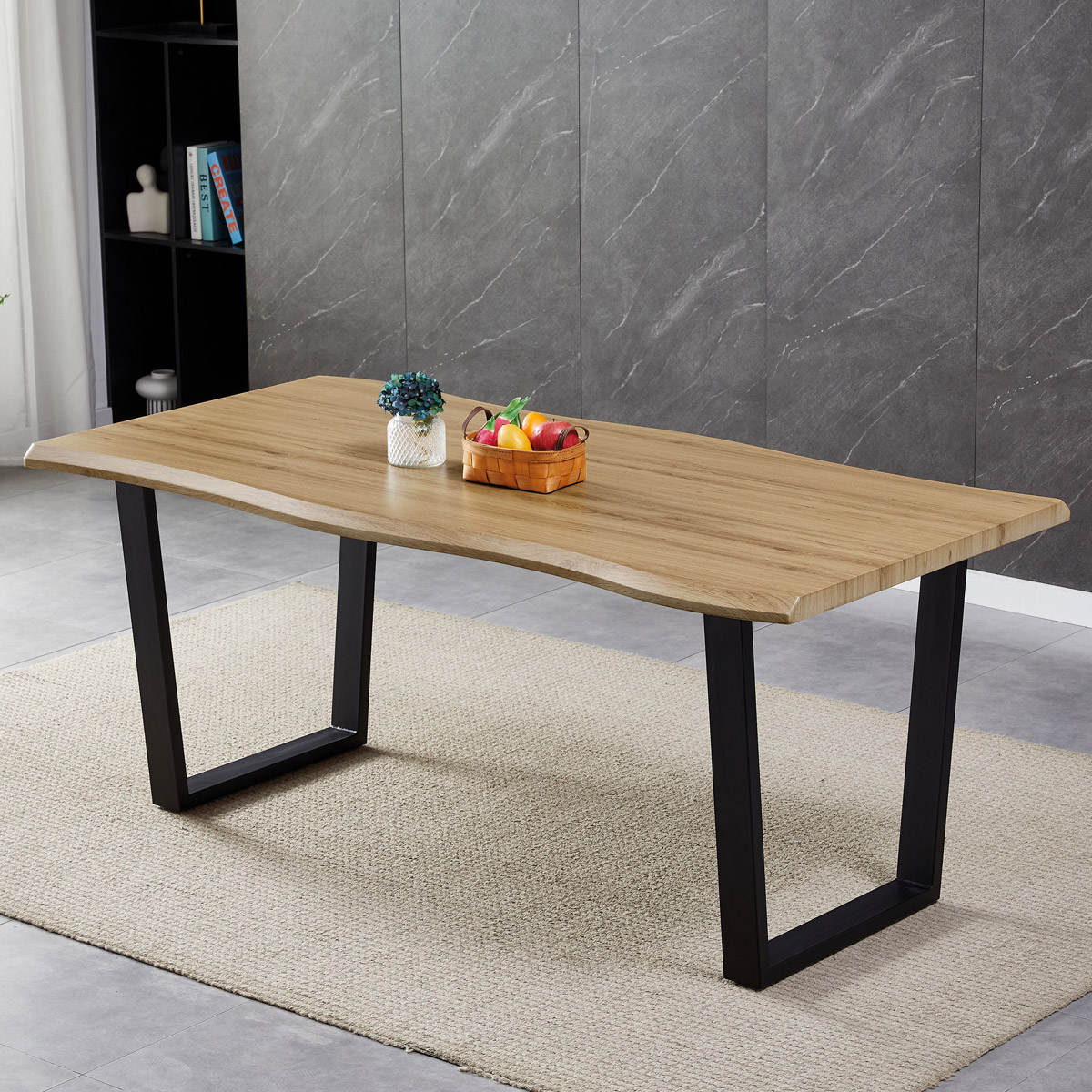 Moderní jídelní stůl Autronic Stůl jídelní, 180x90x75 cm, MDF deska, dekor divoký dub, kovová nohy ve tvaru U, černý matný lak (HT-F4218 OAK) (6)