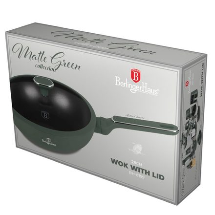 Pánev wok s poklicí a titanovým povrchem Berlingerhaus BH-8159 28 cm Matte Green Collection (1)