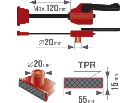 Svěrka Extol Premium 4759992 svěrka přítlačná horizontální - k multif. stolůlm s otvory O 20mm, 0-120mm (6)