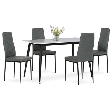 Set moderní jídelní stůl se židlemi Autronic Jídelní set 1+4, stůl 130x70, deska slinutý kámen v imitaci bílého matného mramoru, židle šedá látka, černý lak (ASE-1004 GREY2)