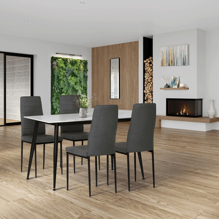Set moderní jídelní stůl se židlemi Autronic Jídelní set 1+4, stůl 130x70, deska slinutý kámen v imitaci bílého matného mramoru, židle šedá látka, černý lak (ASE-1004 GREY2) (1)
