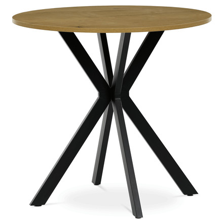 Moderní jídelní stůl Autronic Stůl jídelní kulatý, 80x75 cm, MDF divoký dub, černé kovové nohy (HT-F4108 OAK)
