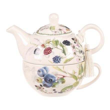 Konvička se šálkem Autronic Konvička se šálkem - dárkový set v krabičce, porcelán, bílý s lesními plody (POR003-5) (1)