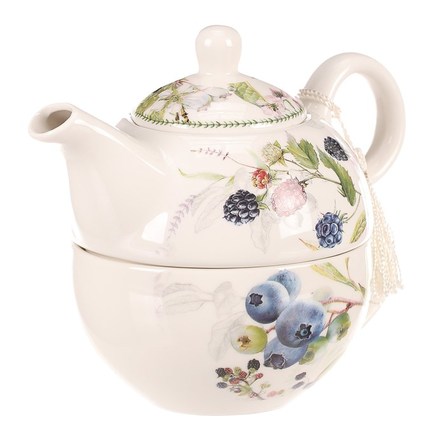 Konvička se šálkem Autronic Konvička se šálkem - dárkový set v krabičce, porcelán, bílý s lesními plody (POR003-5) (6)