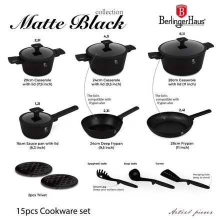 Sada nádobí s titanovým povrchem Berlingerhaus BH-8198 15 ks Matte Black Collection (3)