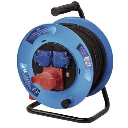 Venkovní prodlužovací kabel na bubnu Emos P193250 25 m / 3 zásuvky / černý / guma / 230V/400V / 1,5 mm2