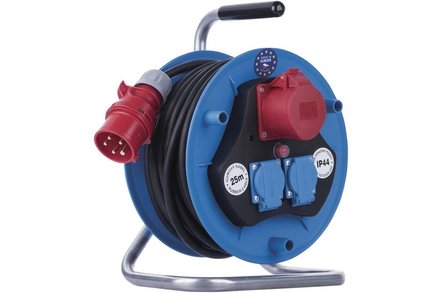 Venkovní prodlužovací kabel na bubnu Emos P193250 25 m / 3 zásuvky / černý / guma / 230V/400V / 1,5 mm2