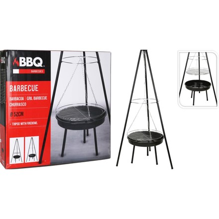 Gril na dřevěné uhlí BBQ KO-C83000490 závěsný na trojnožce pr. 48 cm