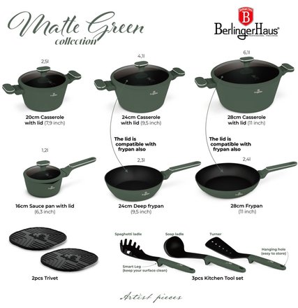 Sada nádobí s titanovým povrchem Berlingerhaus BH-8208 15 ks Matte Green Collection (6)