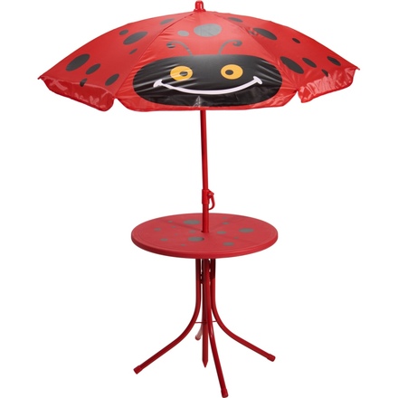 Zahradní nábytek ProGarden KO-FF1000120 dětský stůl, 2 židle + slunečník motiv berušky (1)