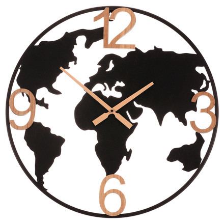 Nástěnné hodiny Autronic pr. 60 cm, kov a dřevěné číslice, mapa světa (HW4019)