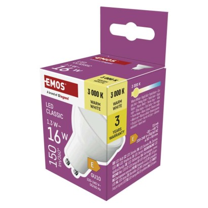LED žárovka Emos ZQ8EL2 MR16 bílá / GU10 / 1,3 W (16 W) / 150 lm / teplá bílá 