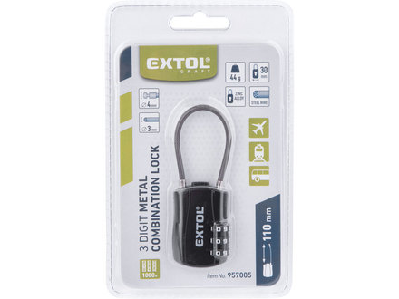 Zámek kombinační Extol Craft 957005 kovový s trojmíst. kódem, délka lanka 110mm (3)