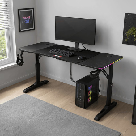 Pevný herní stůl Autronic 140x60cm, RGB LED, výběr výšky, melamin, carbon, LT-H1214 BK (1)