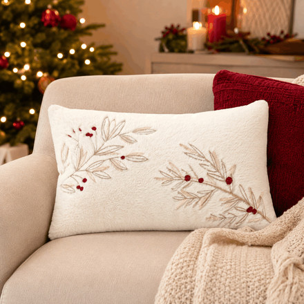 Polštář s výplní Autronic umělá kožešina, bílý s větvičkami, 100% polyester, 50 x 30 cm (POL1228) (1)