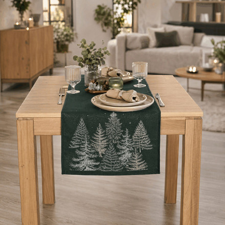 Ubrus Autronic běhoun, zasněžené stromy, zelený, 100% polyester, 40 x 140 cm (POL1214) (1)
