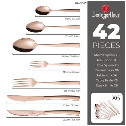 Sada příborů se steakovým nožem Berlingerhaus BH-3087 42 ks nerez leštěný povrch Rosegold Collection (6)