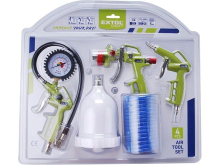 Kompresorová sada Extol Craft (99303) sada 4ks, max. 8bar (0,8MPa), pistole ofukovací, plnič pneumatik s manometrem, pistole stříkací, spirálová hadice 4m (1)