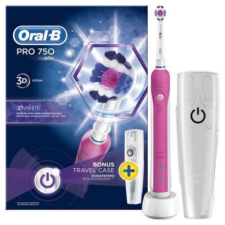 Elektrický zubní kartáček Oral-B Pro 750 3DWhite+Travel Case Pink